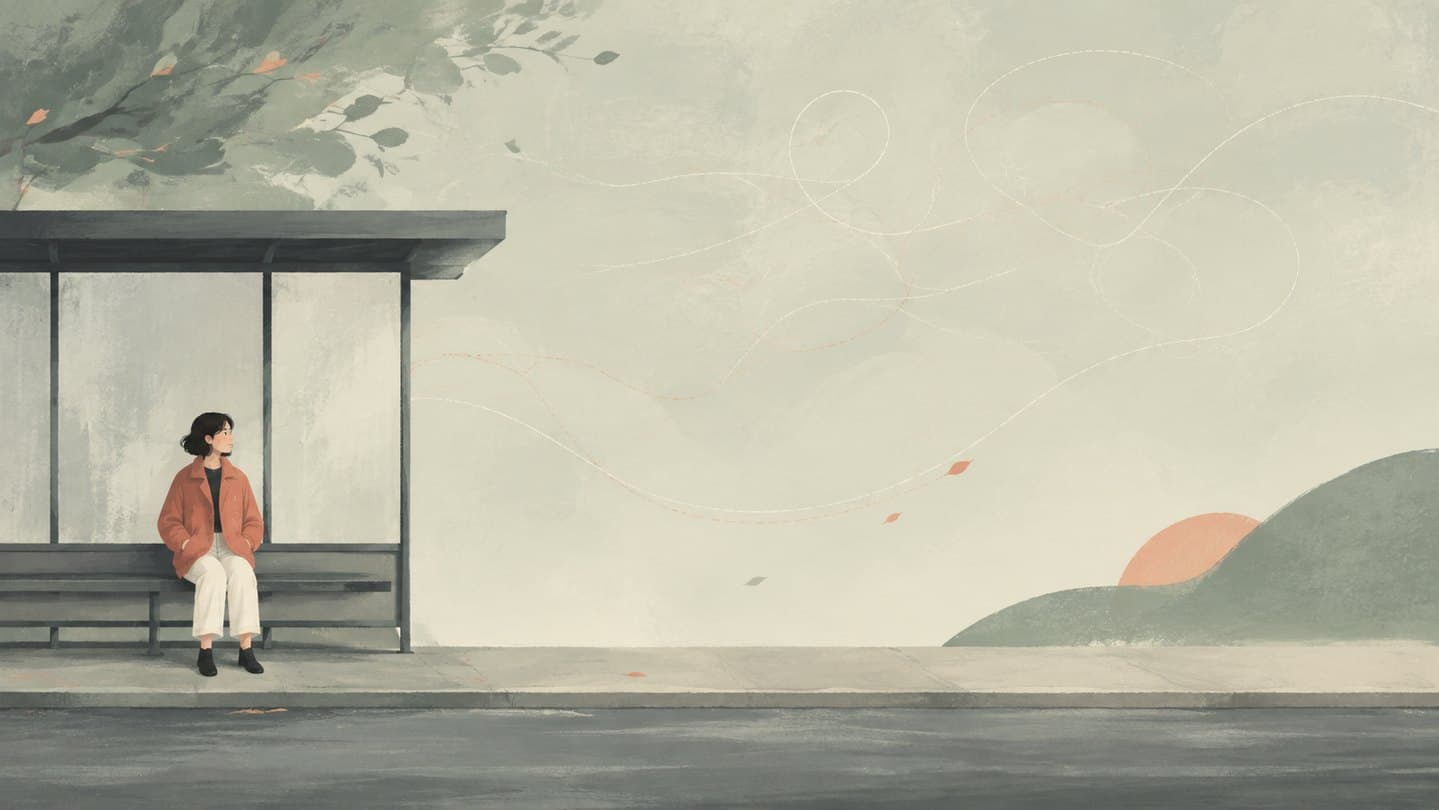 A person waiting in generous empty space with wandering thought shapes.