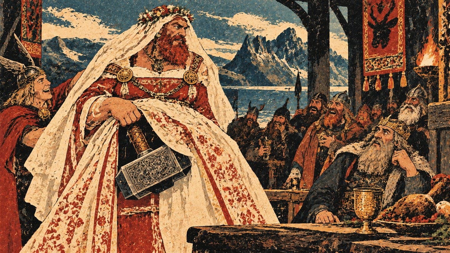 A burly bearded bride in a white veil at a feast hall table, holding a hammer.