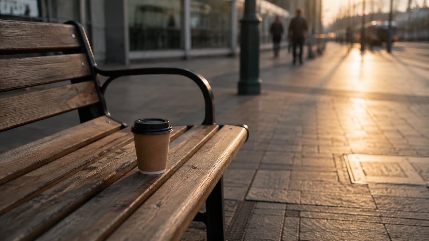 A quiet city bench near a station with takeaway coffee in low sun.