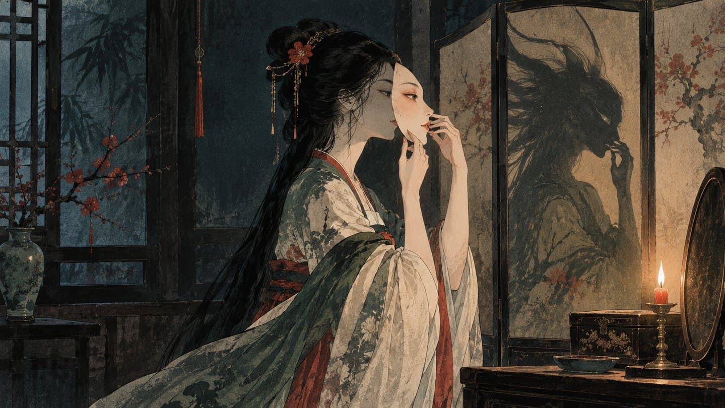 A woman in a silk robe at a candlelit window, with a shadowy demon behind a painted screen.