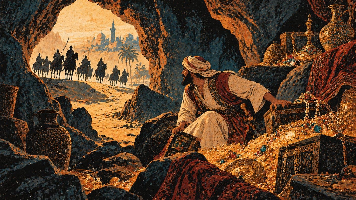 A man kneeling among treasure in a mountain cave, with riders passing outside the entrance.