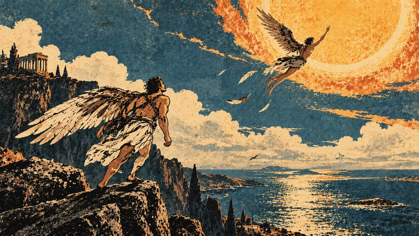 A winged boy flying toward the sun above the sea while his father watches from a cliff.