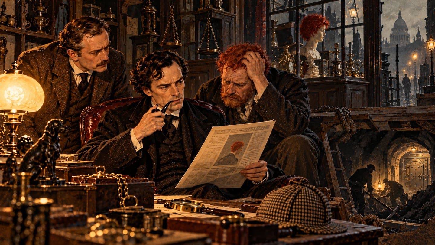 A detective reading a notice with two men, one red-haired, in a lamplit Victorian room.
