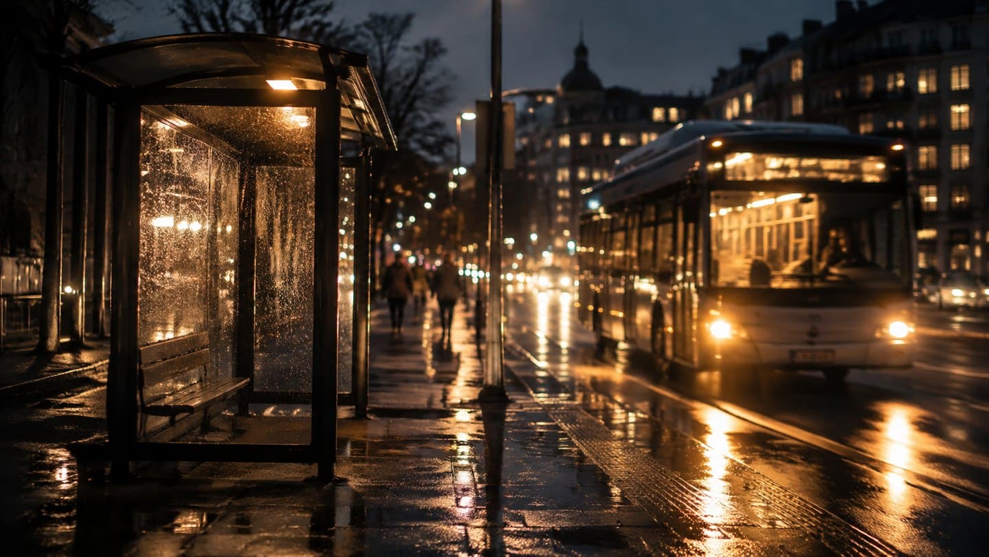 An evening bus stop in light rain with warm bus lights.