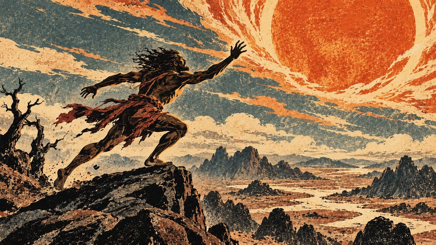 A giant leaping across a parched mountain landscape, reaching toward a blazing red sun.