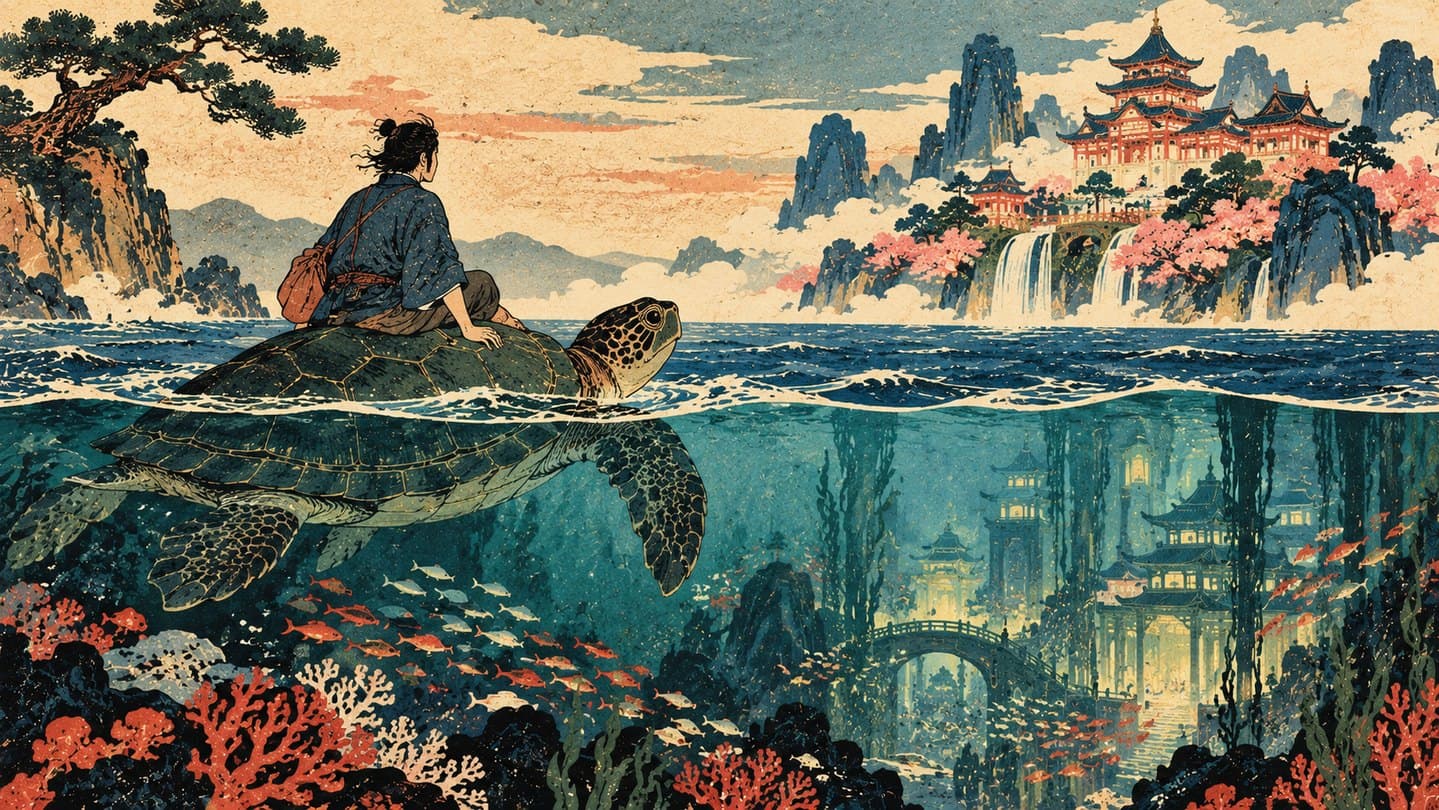 A fisherman riding a sea turtle toward a palace, with a city glowing beneath the waves.