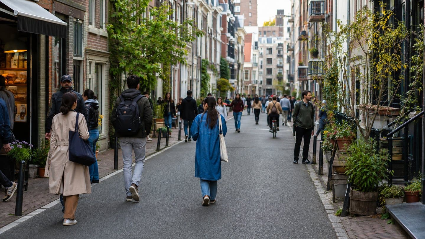 A lived-in city street with homes, shops, and visitors sharing space.