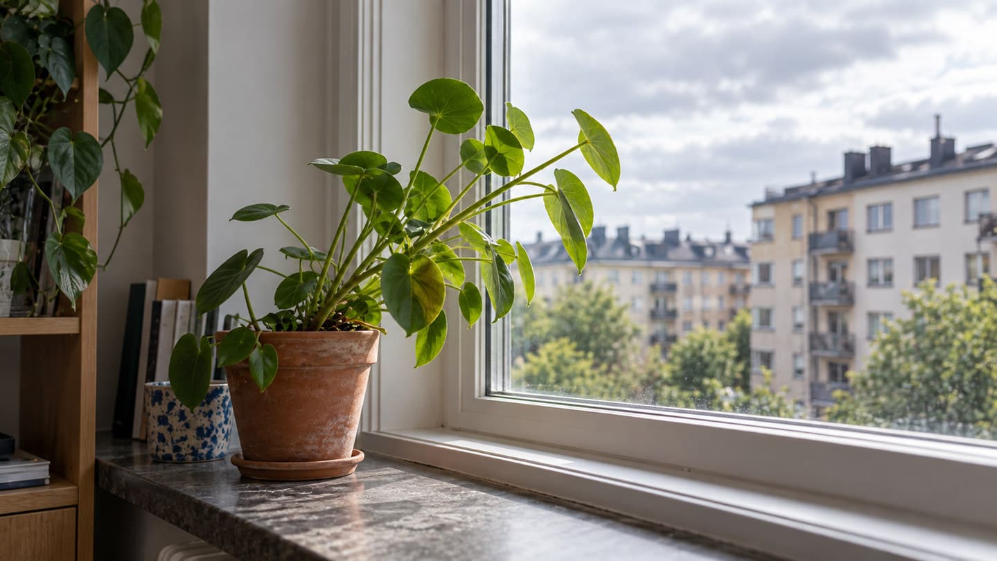 En grön krukväxt som böjer sig mot ljuset från ett fönster.
