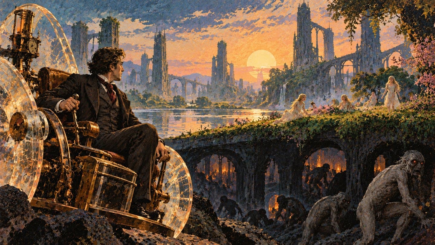 A traveller seated in a brass time machine before a ruined city at sunset.