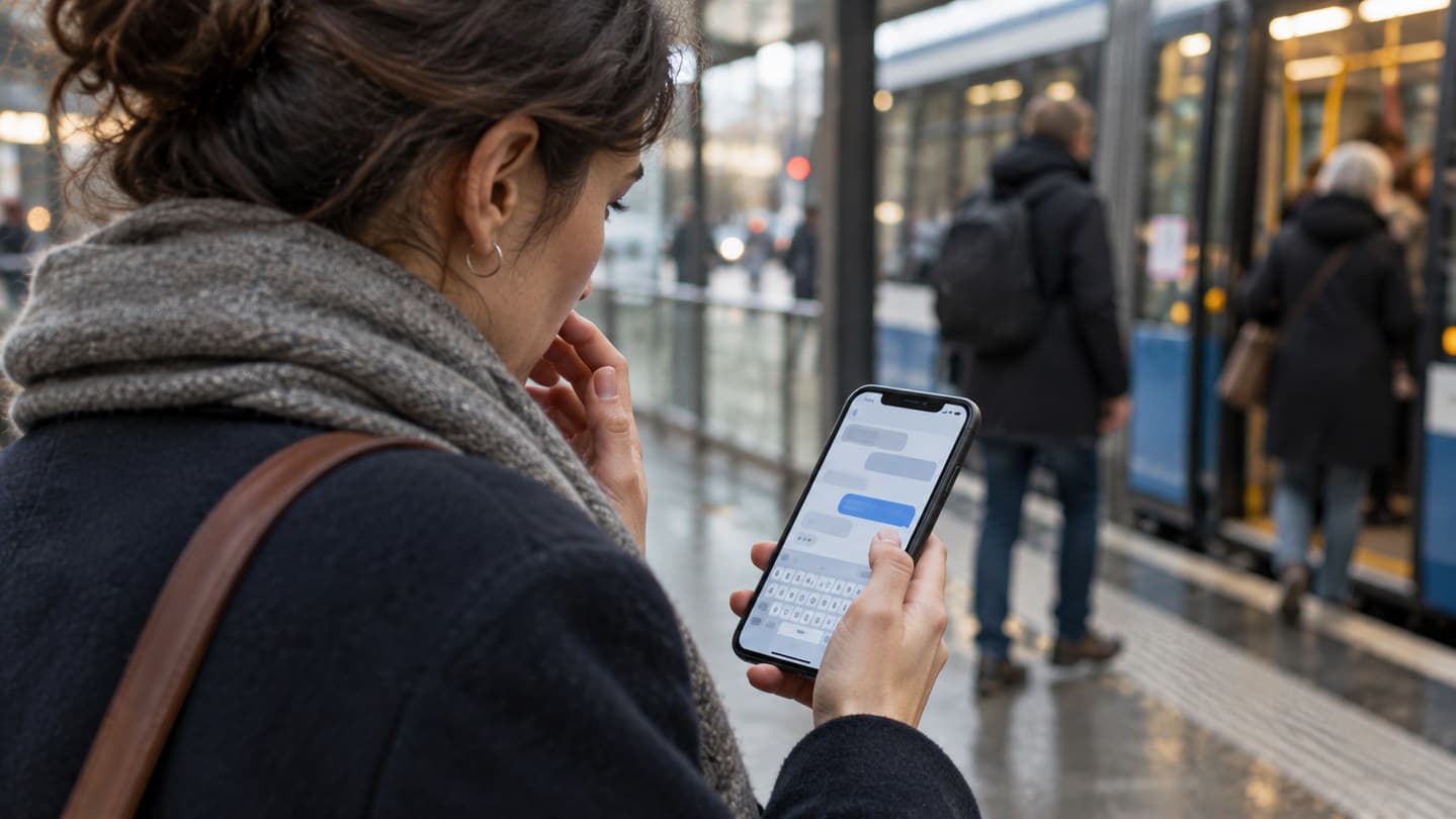 En person i sängen som stirrar chockat på ett skickat meddelande på mobilen.