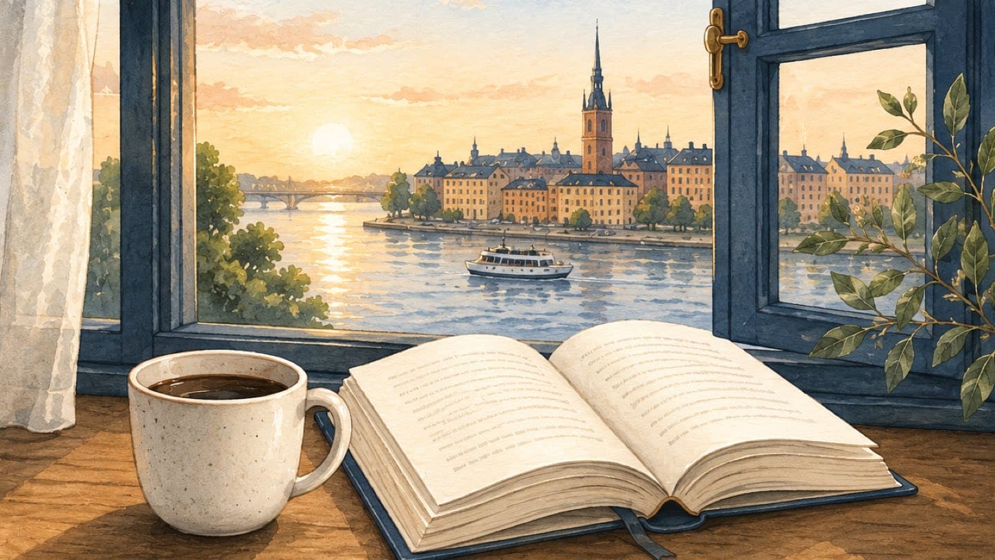 A watercolour of an open book and a cup of coffee by a window overlooking Stockholm.