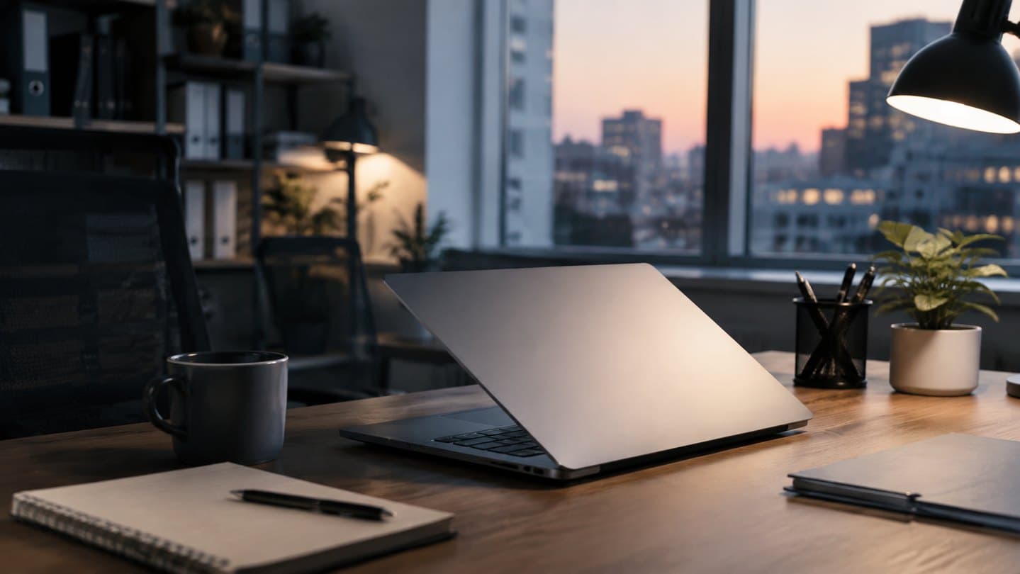 A quiet office desk with a closing laptop near the end of the day.