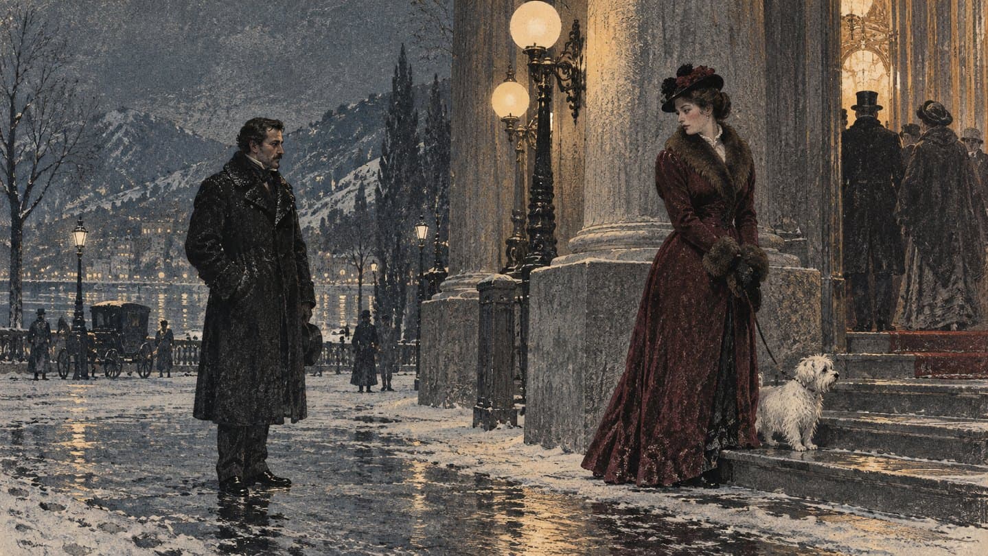 A man and a woman with a small white dog on a snowy, lamplit street.