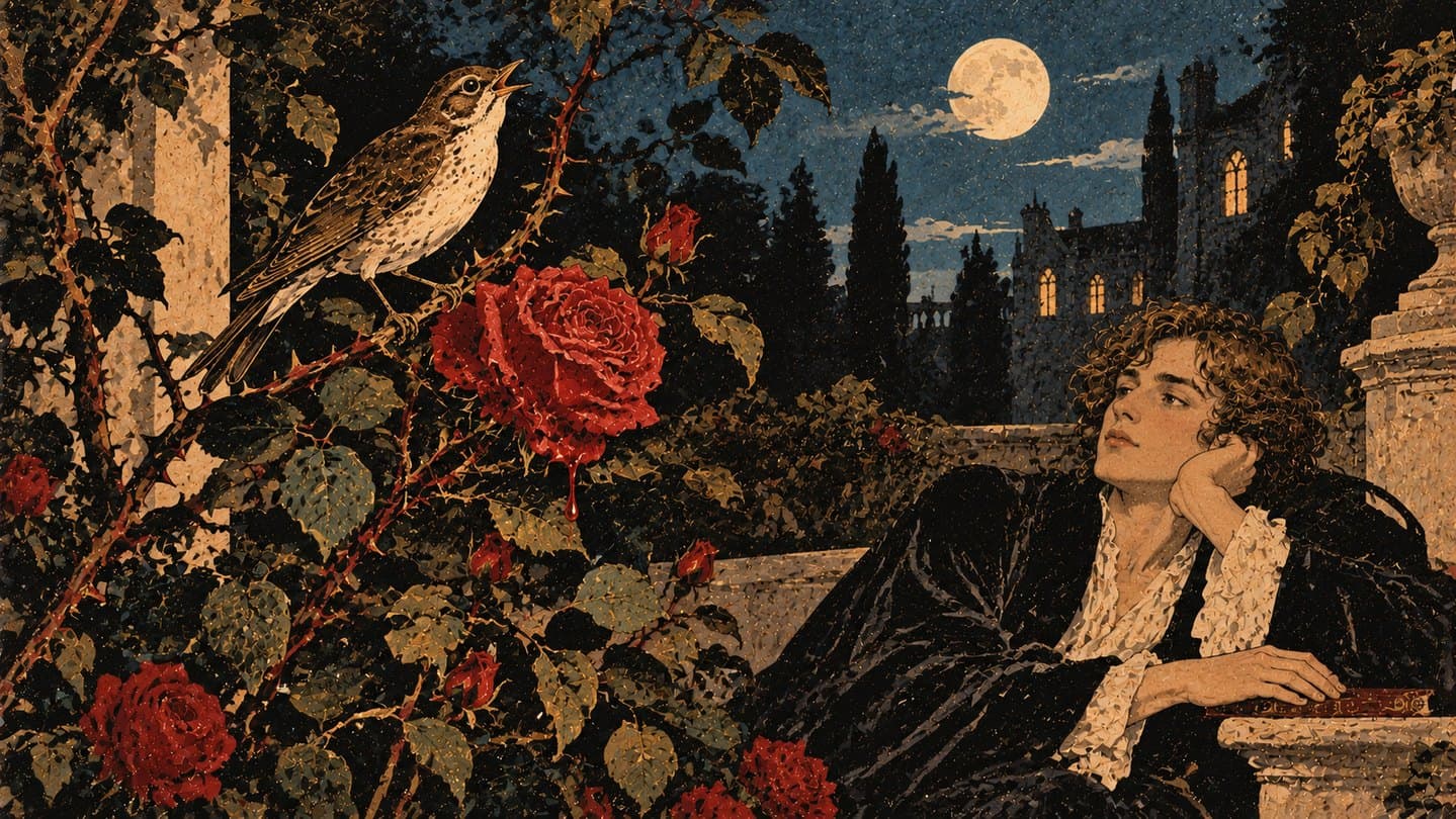 A nightingale on a branch beside a red rose, while a young man gazes at the night sky.