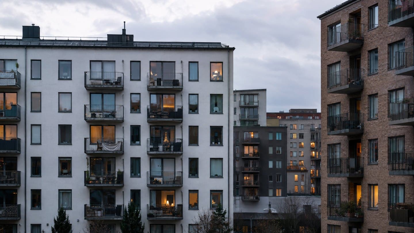 Stockholm apartment blocks with rows of evening windows.