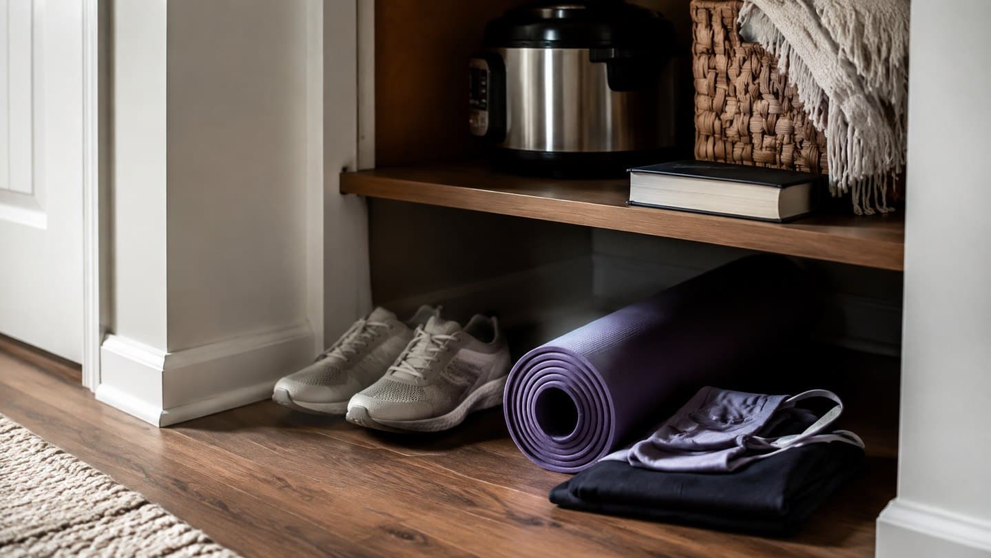 A quiet home shelf with underused purchases and exercise gear.