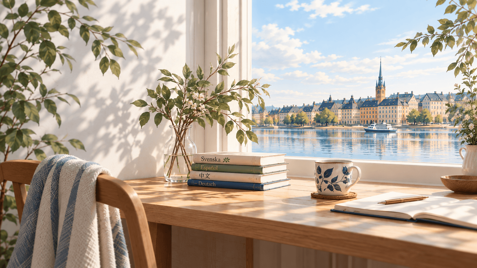 Books, coffee, and reading notes by a window.